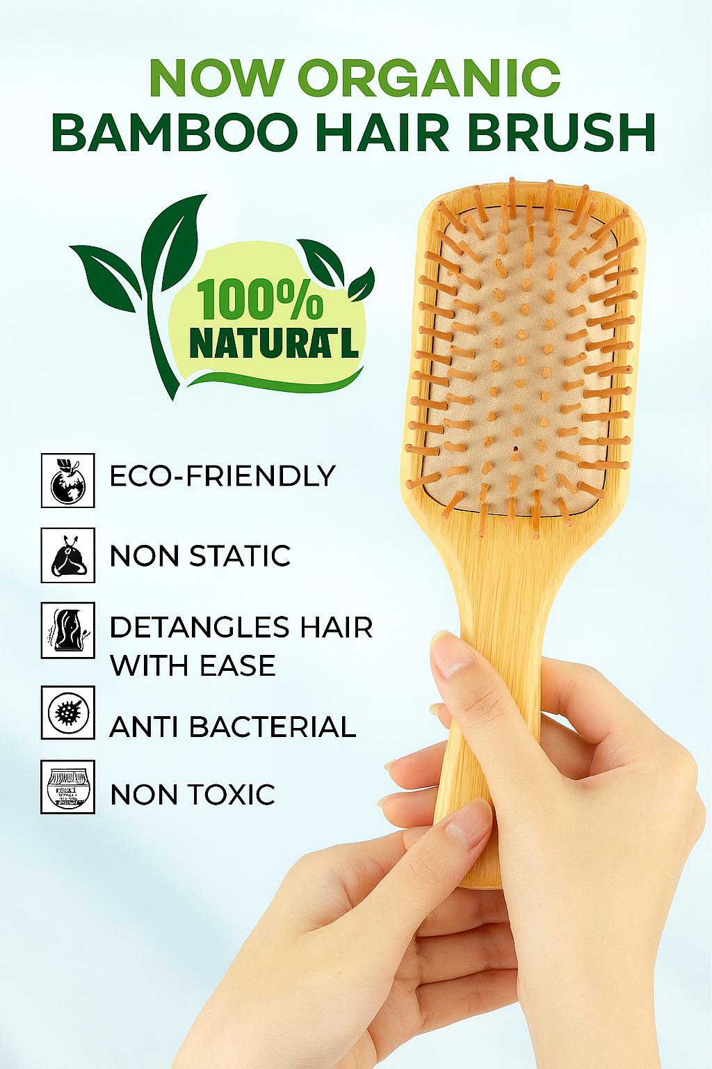🌿 Eco-Friendly Bamboo Paddle Hair Brush – Gentle Detangling & Scalp Massage